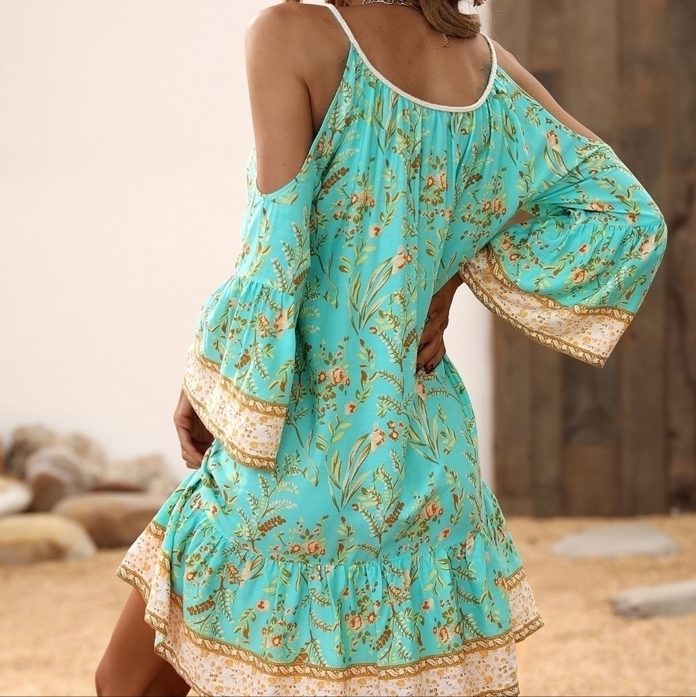 Floral Print Cold Shoulder Tassel Trim Ruffle Hem Dress - Picture 5 of 6